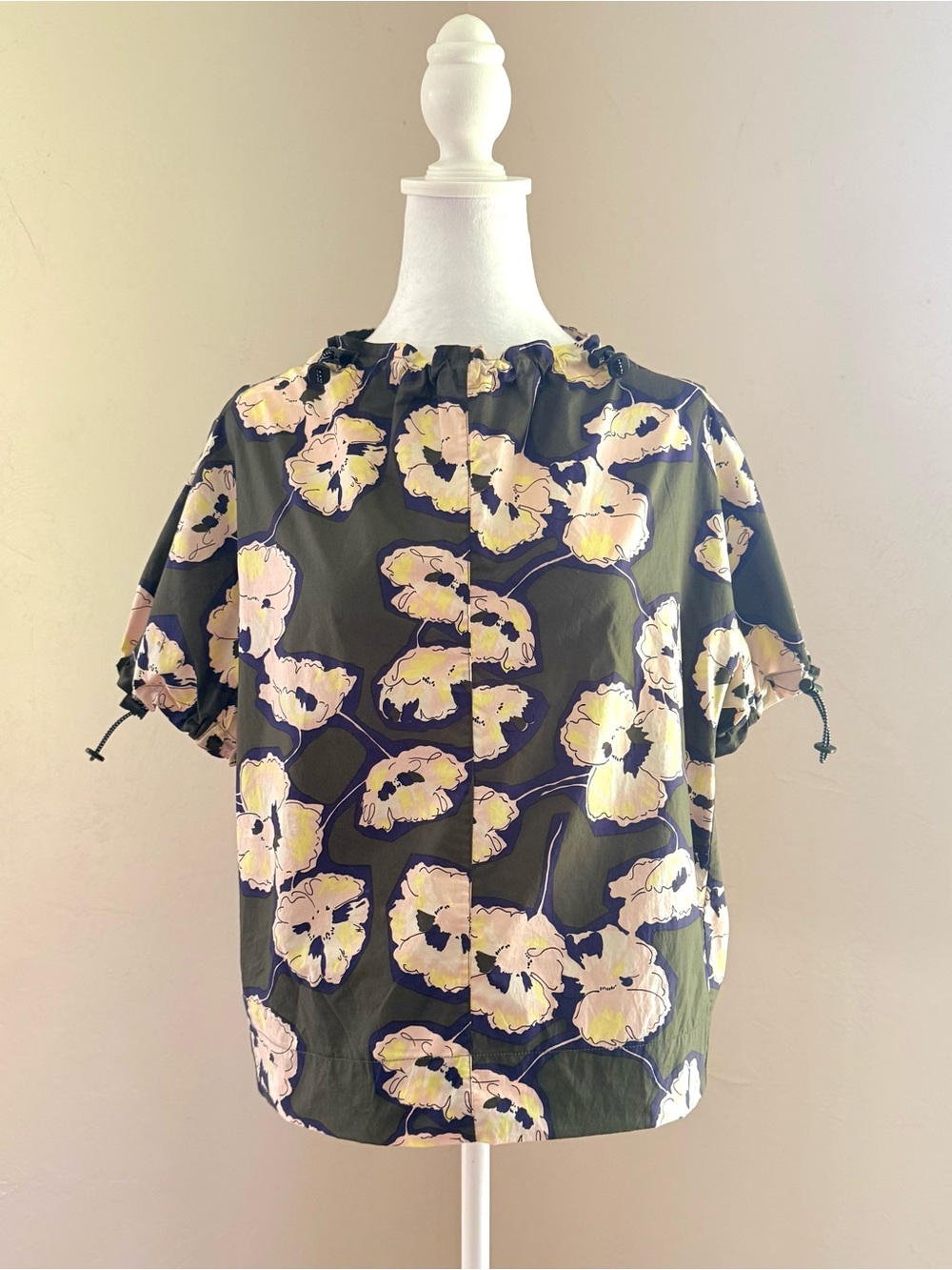 MARNI Olive Green Floral Poppy Toggle Cotton Poplin Short Sleeve Blouse Top 40 4